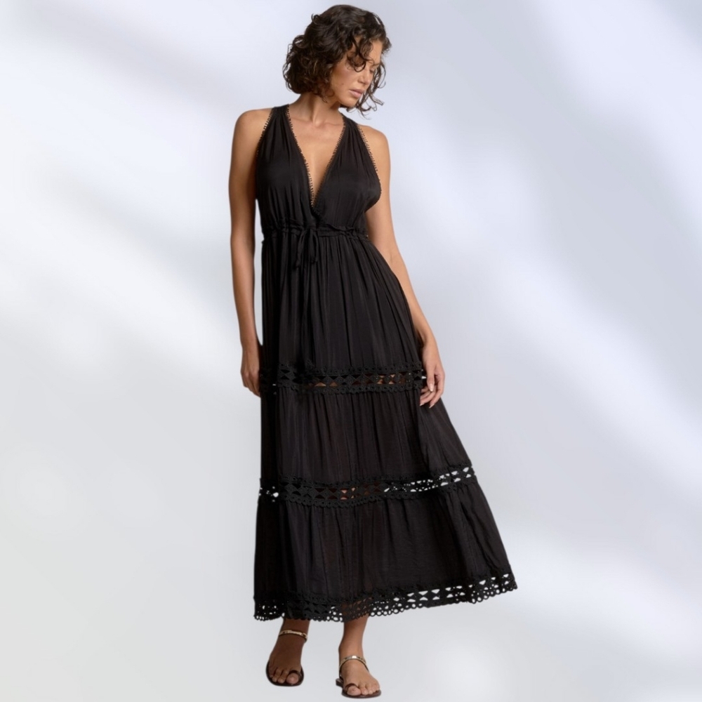 Elan Black Coastal Crochet Lace Maxi Dress Sleeveless Plunge V Neck Size M